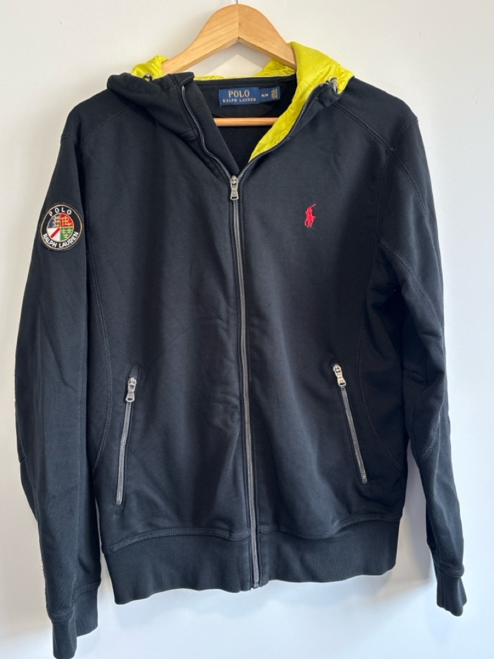 Polo Ralph Lauren Full Zip Hoodie Black Crest Patch Neon Hood Mens M